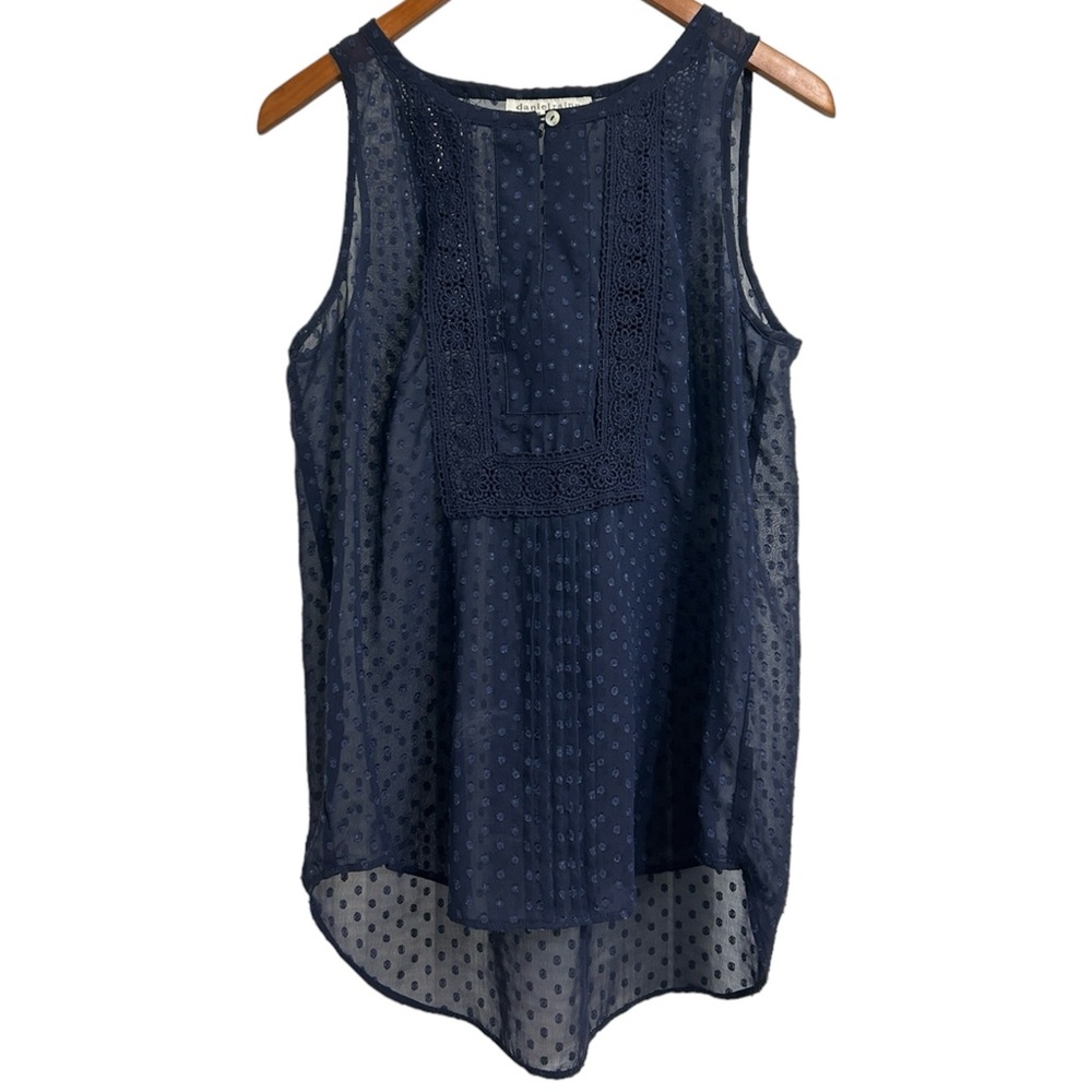 Daniel Rainn Sleeveless Blouse, Navy Blue Swiss Dot Crochet Lace Bib Top, Small